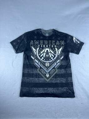 American Fighter T-Shirt Mens L Black Spellout Striped Y2K Fitness Graphic Print